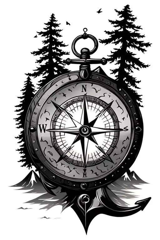 Compass And Anchor And Clock And Mountains With Trees
