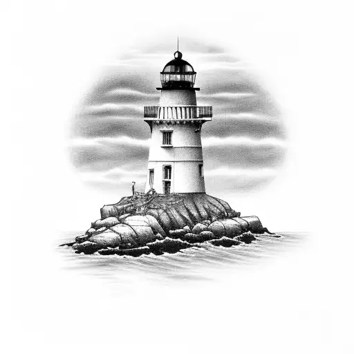 A Black-grey Tattoo Of A Lighthouse Overlooking A Vast Ocean