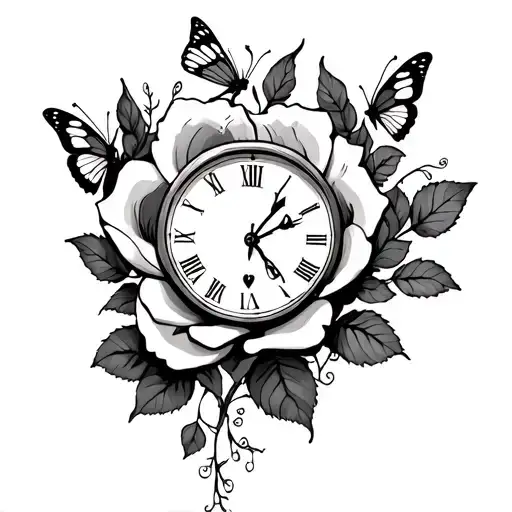 Rose With Heartshaped Clock And Butterflies And Vines
