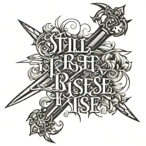 Still I Rise Tattoo Written In Good Font Where I Is Replace By A Sword Between Still And Rise
