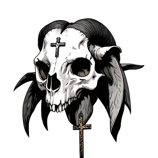 A Goat's Skull With A Crucifix Pierced Through Its Eye Socket