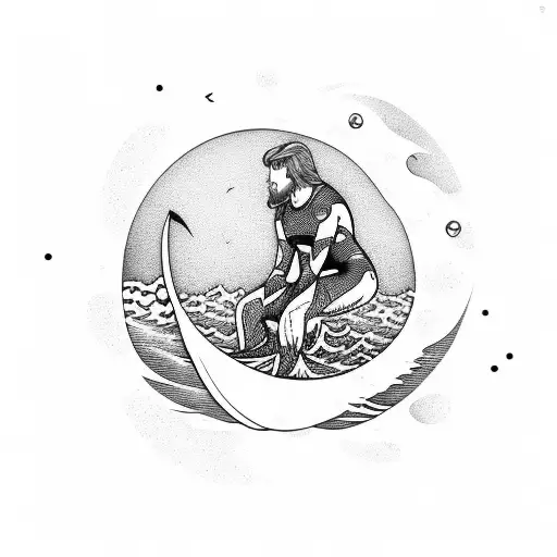 Surfer Sitting In A Moonlit Ocean