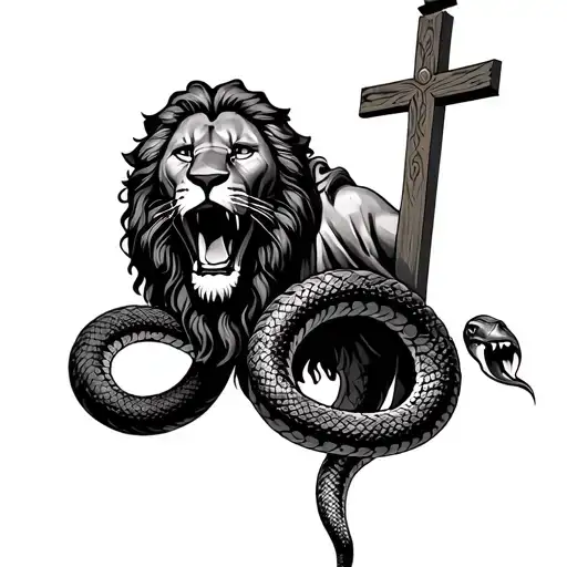 Jesus Christ With A Lion Roaring And Snake Coiled