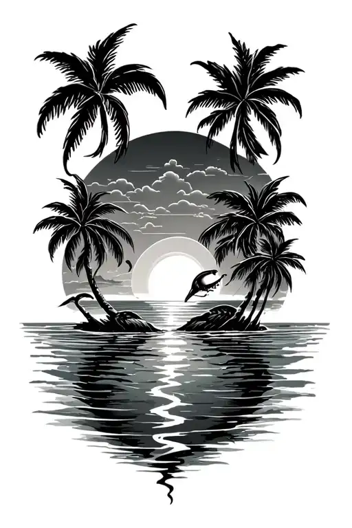 Mens Forearm Tattoo Ocean Creatures Transitioning Into Palm Trees And Sunset