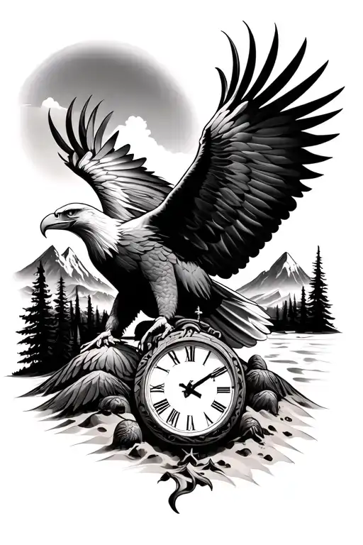 Eagle With Peace And Sand Clock And Mountain Landscape