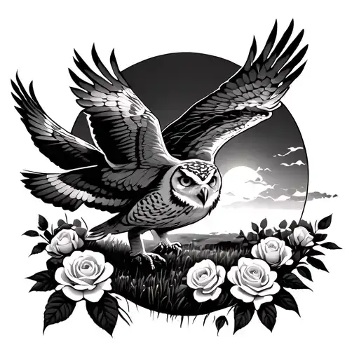 A Majestic Owl Flying Over A Field Of Blooming Roses At Sunset