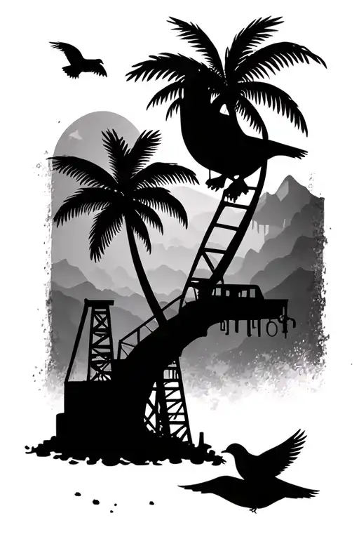 Palm Trees Dove Flying Coal Mining Tools Dad Daughter Son Silhouette