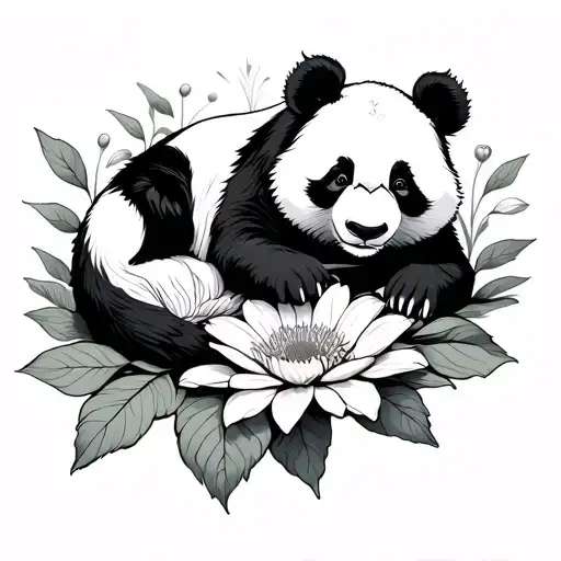 Panda Laying On A Loutas Flower Blooming