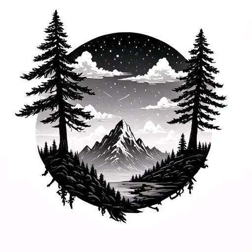 Mountain Sky With Trees Filled With Stars And Clouds Traditional Style