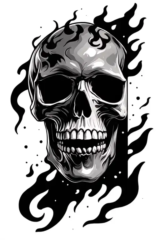 Half Of A Skull With Flames Background Black And White