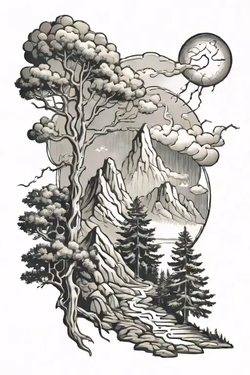 Trees With A Mountain And Lightning Storm