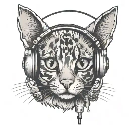 Tortoiseshell Cat Wearing Headphones Cartoon Style