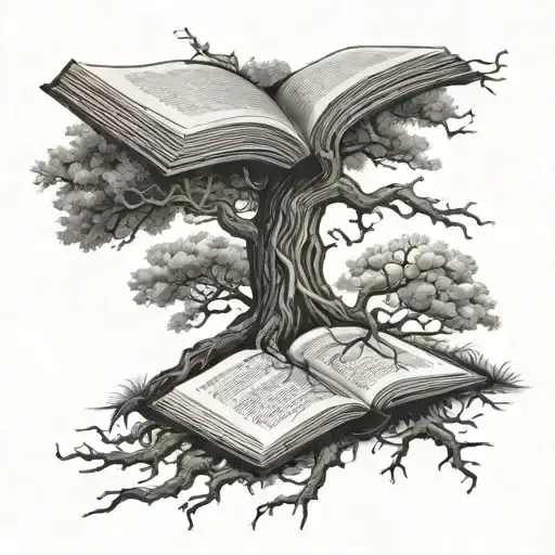 Realism Oak Tree With Roots Coming From An Open Book Symbolizing Life