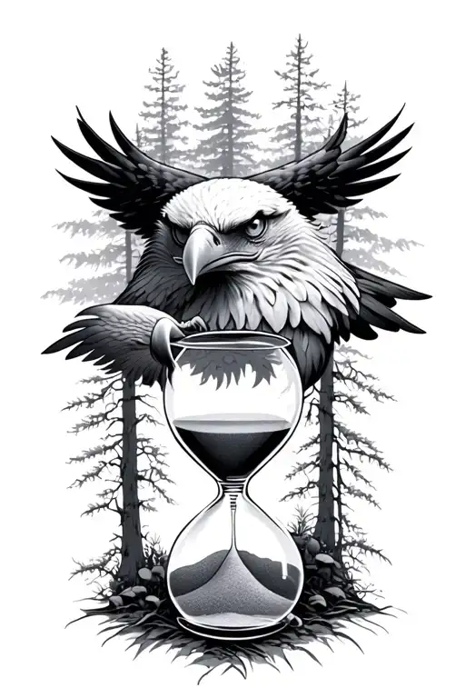 Eagle Eyes Behind Trees With Hour Glass With Sand