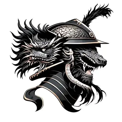 Japanese Samurai Head With Helmet Adorned With 2 Dragons Looking Away From Each Other