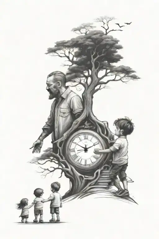Father Holding Hands With Son And Daughter Walking Up Steps To Tree Of Life With Clock