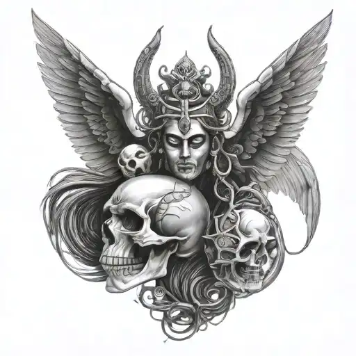 Good And Evil Angel And Devil In One Entity Of Lord Shiva With Holo Gram Skull And Wings