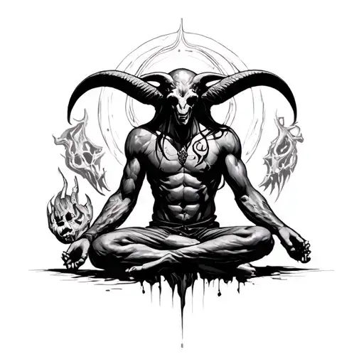 Baphomet Meditating With Hell In Background