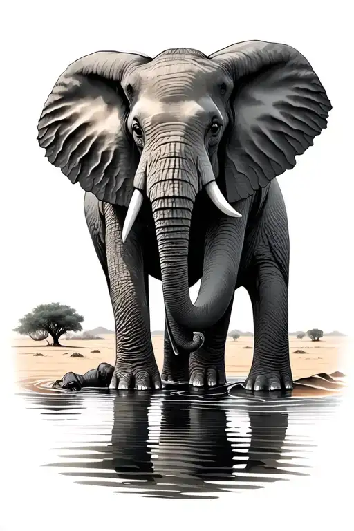 African Desert With A Water Hole With Elephant Drinking Out Of It