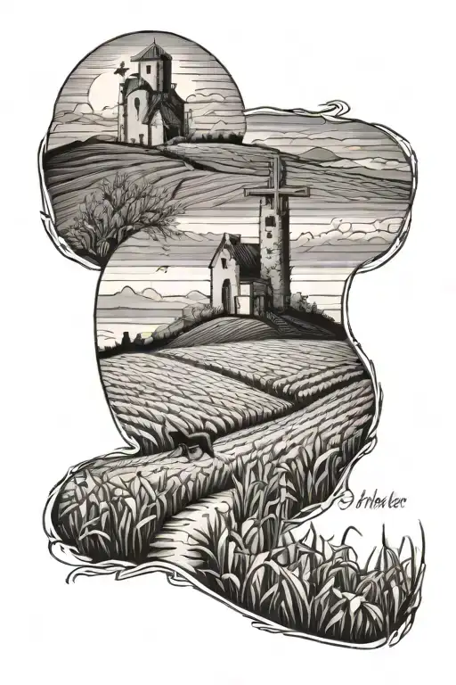 Corn Fields With Cross On A Hill And Dog Running Up The Hill