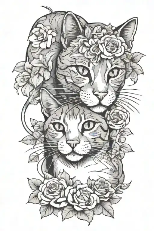 Portrait Of Face Of Cat And A Rat Next To Eachother With Flowers Around