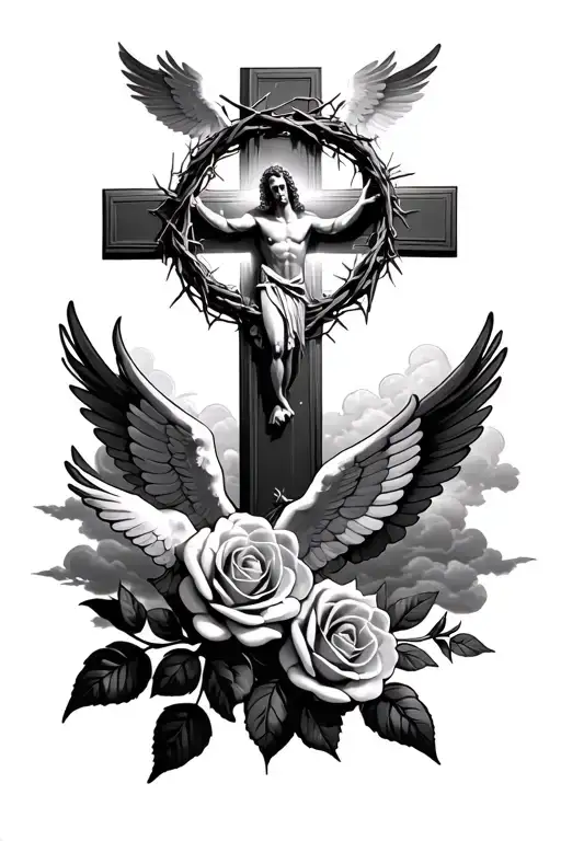 Jesus Crown Of Thorns Cross Roses Dove Angels Lights Clouds