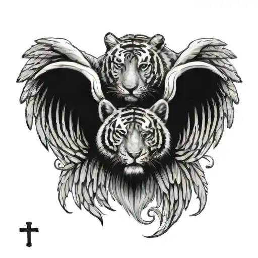 1 Wing Attached To A Heart With A Cross With A Tiger Face On The Left Side