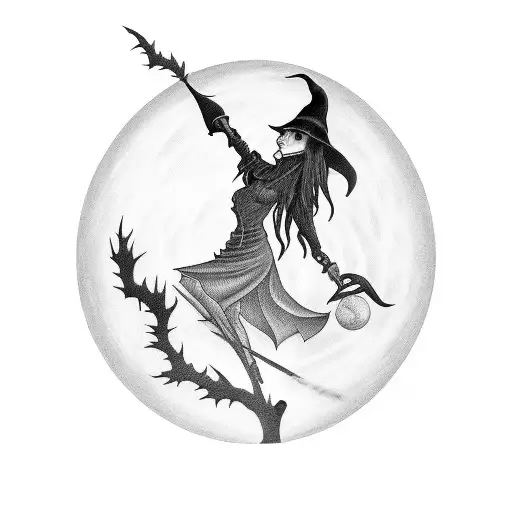 A Powerful Tattoo Of A Witch's Silhouette Casting Spells Under A Full Moon