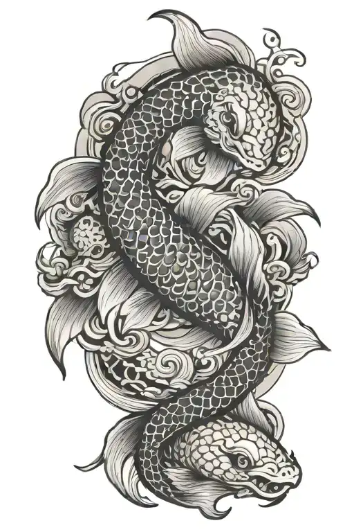 Japanese Koi Fish Swimming With Snake Around It