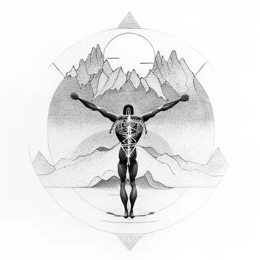 Small Vitruvian Man Hovering Above Mountain Peaks At Sunset