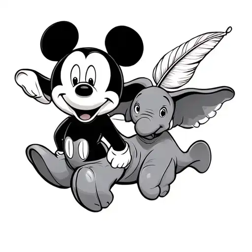 Mickey Mouse Flying On Dumbo And Dumbo Has A Feather In The Nose