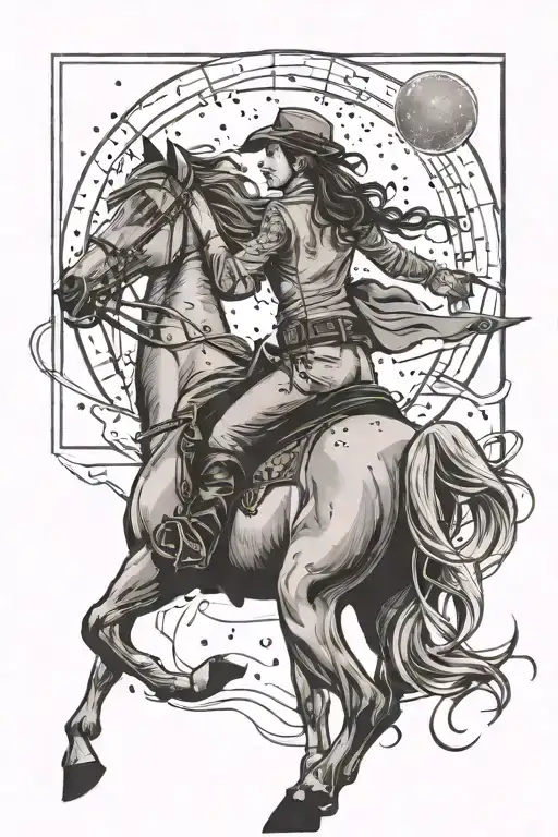 Capricorn Constellation Above Cowgirl On Horse Galloping