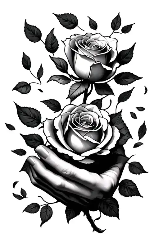 A Hand Holding A Rose With Falling Leaves Falling