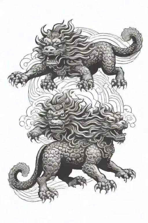 Japanese Style With Rising Sun With Light Rays And 2 Foo Dogs