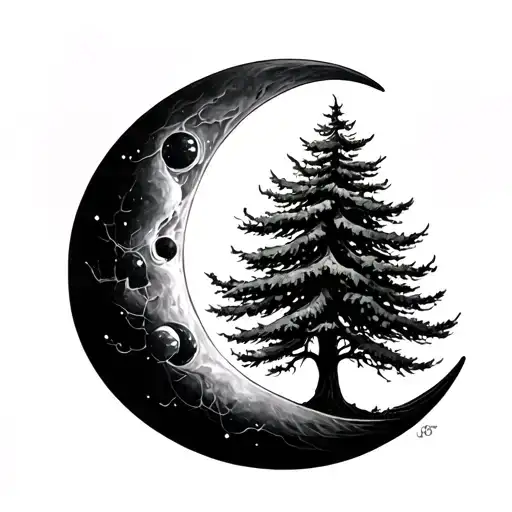 Crescent Moon And Single Evergreen Tree