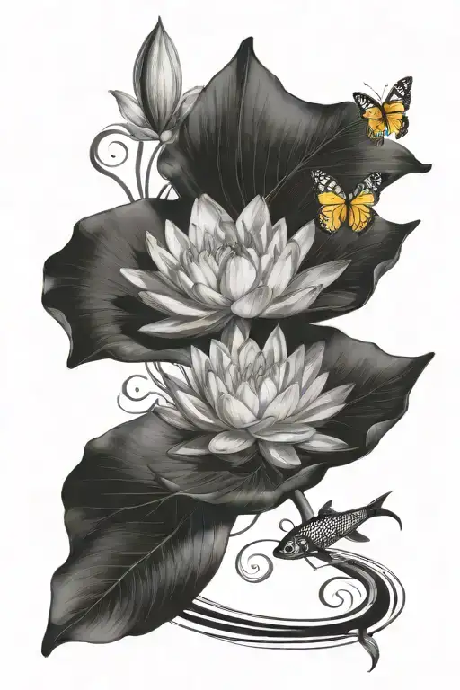 A Water Lilly Incorporate A Fish And Yellow Butterfly And The Words Tante Sue