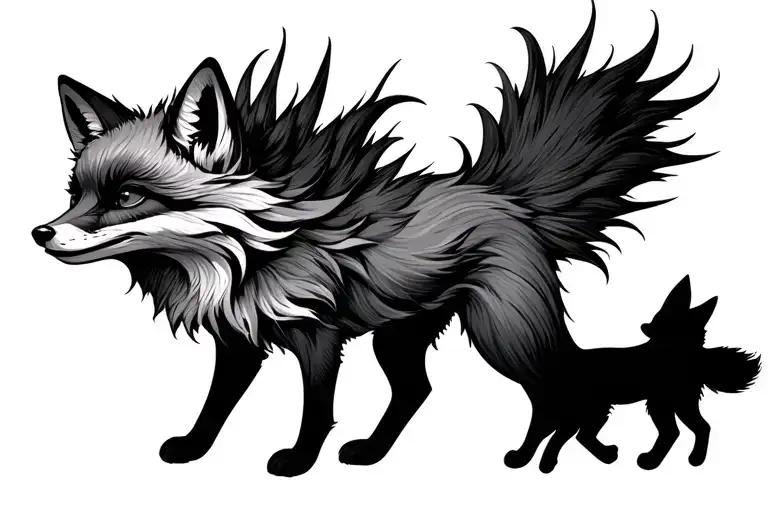 Multi-tailed Fox With A Shadow Of A Fox Kit Following Behind