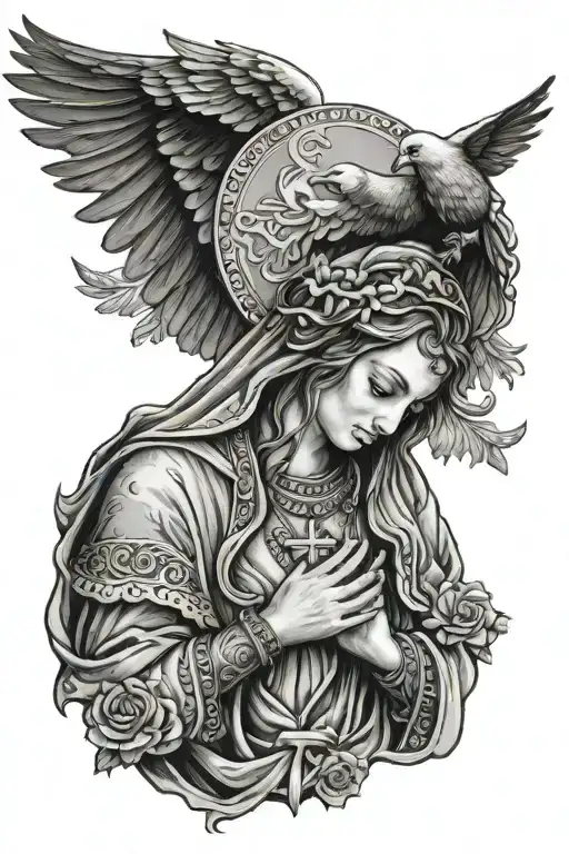 Holy Virgin Praying With Closed Eyes Rosary Eagle Dove