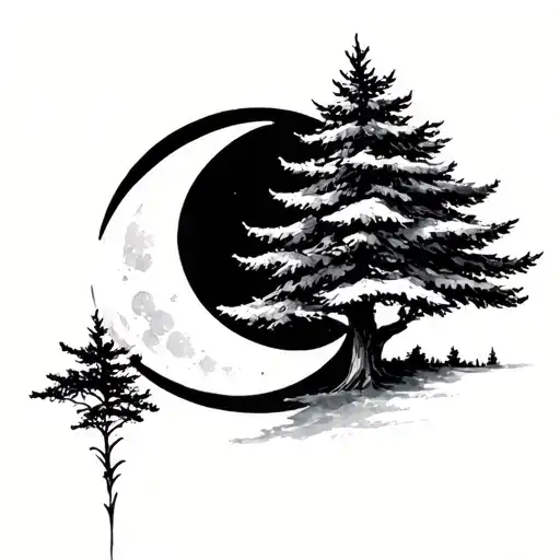 White Crescent Moon And Single Evergreen Tree
