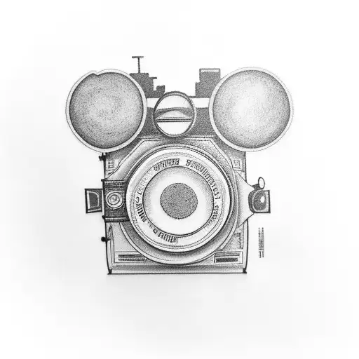 A Detailed Black And Grey Tattoo Of A Vintage Camera Surrounded By Forest