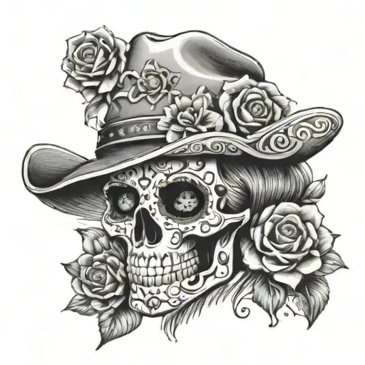 Female Sugar Skull Surrounded By Flowers With A Cowboy Hat And A Sheriff Badge
