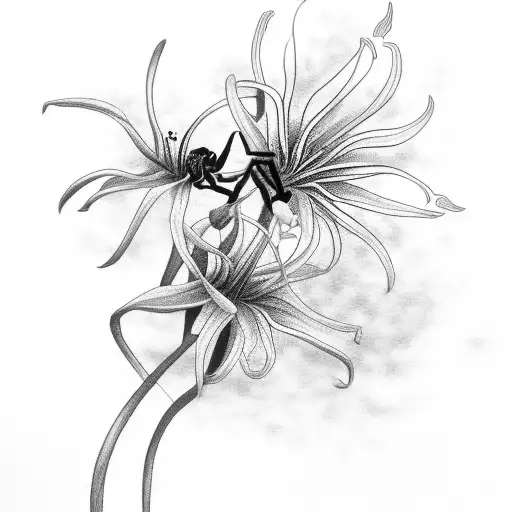 A Black-grey Tattoo Of Spider Lilies Blooming Under A Starry Night Sky