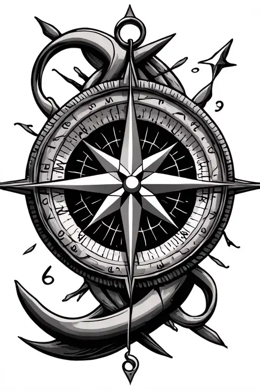 Nautical Compass Fine Line Tattoo Design Featuring Nautical Star