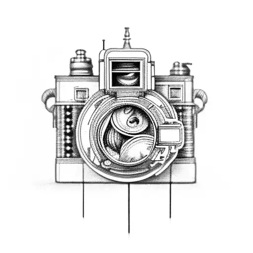 A Detailed Black And Grey Tattoo Of A Vintage Camera Surrounded By Intricate Foliage Tattoo