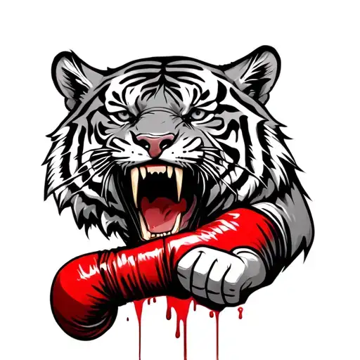 Tiger Head Holding A Boxers Arm In Its Mouth With Blood Dripping Out Of The Arm