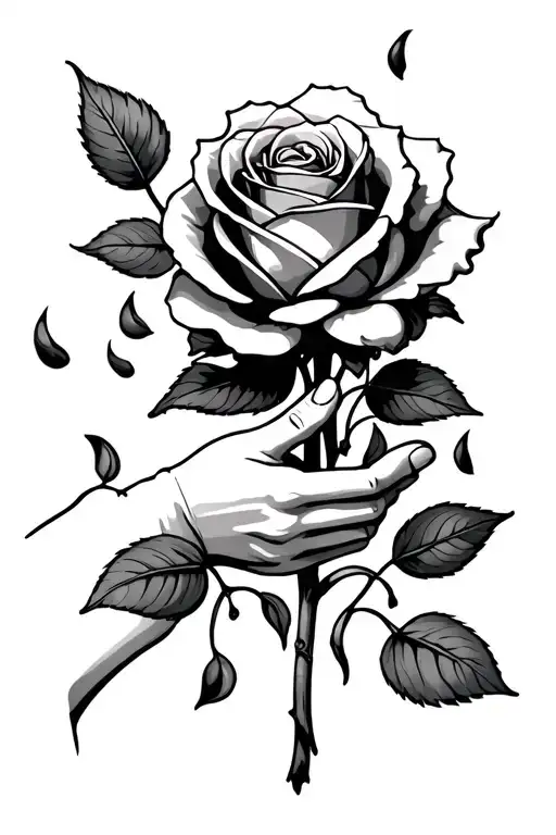 A Hand Holding A Rose With Falling Leaves Intertwined