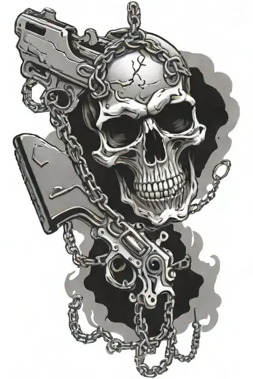 Skull And Gun Hanging Around With Iron Chain Wrapped