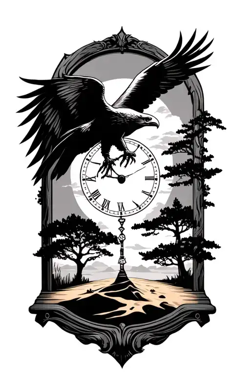 Flying Eagle With Sand Clock With Tree Silhouette