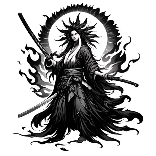 Amaterasu Holding Katana And Flame And Sun Behind The Head For Full Back