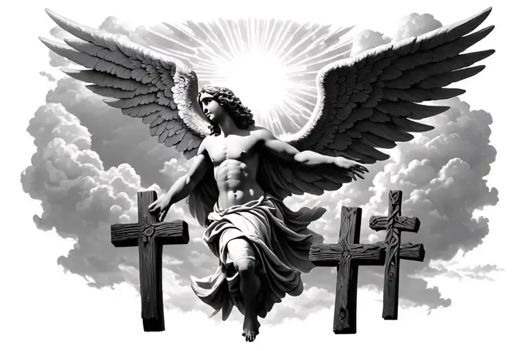 Guardian Angel Realistic Flying Over 3 Wooden Crosses With Sun Rays Coming Through The Clouds